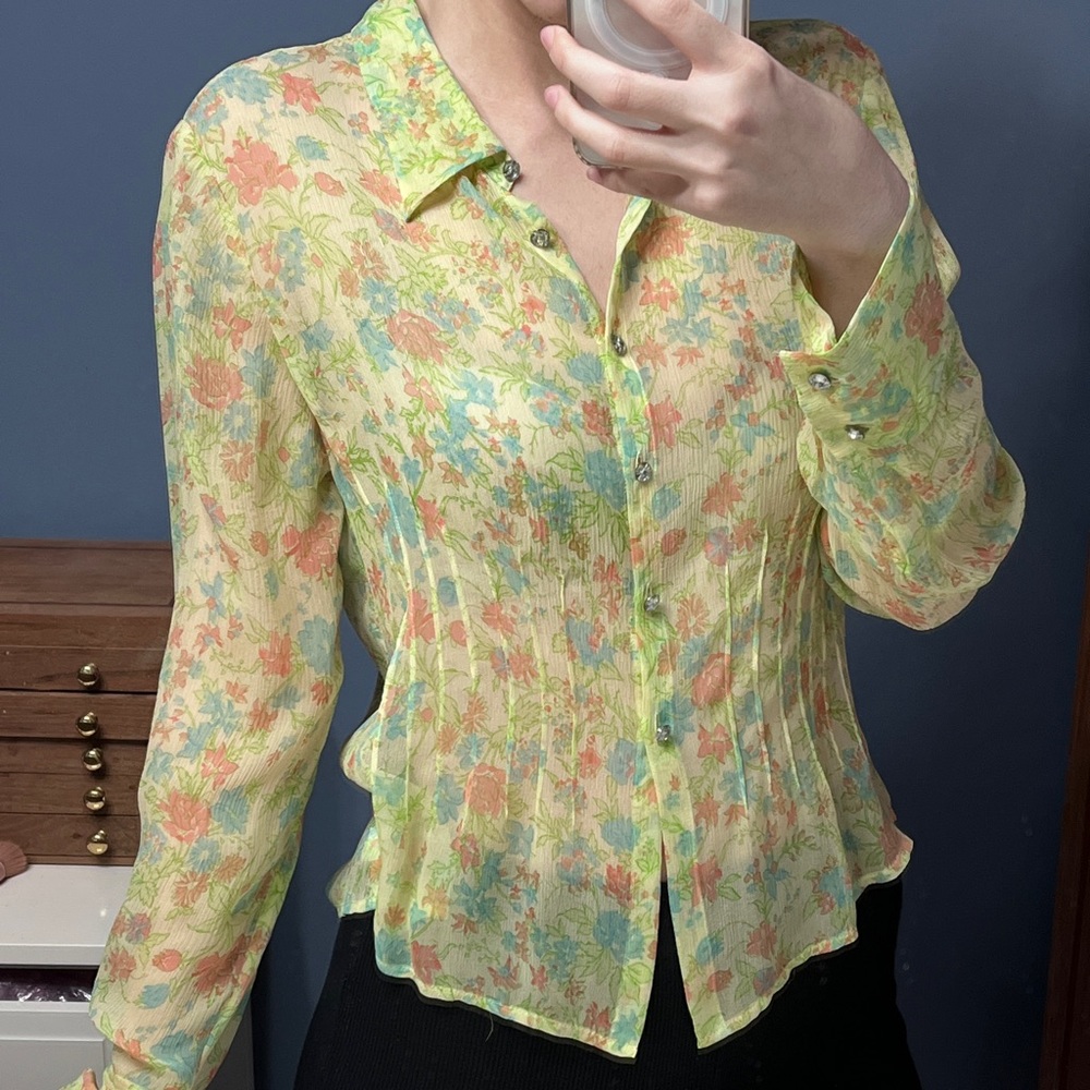 Vintage sheer green floral button up blouse y2k 2000s